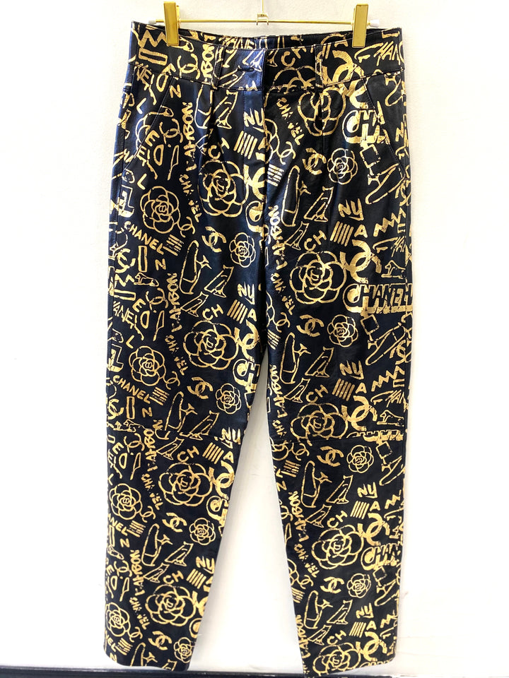 CHANEL CC ALLOVER LOGO LEATHER TROUSERS