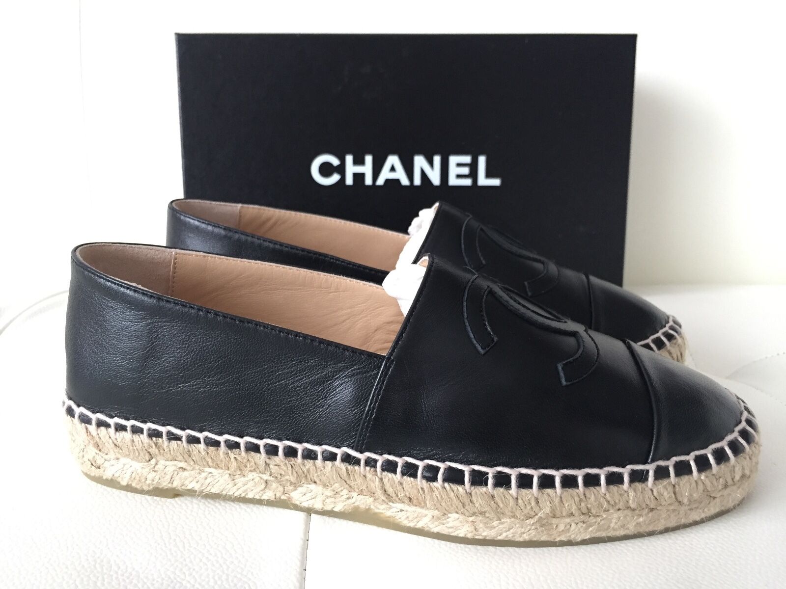 CHANEL, Shoes, Authentic Chanel Lambskin Cc Espadrilles Beige Black Size  36
