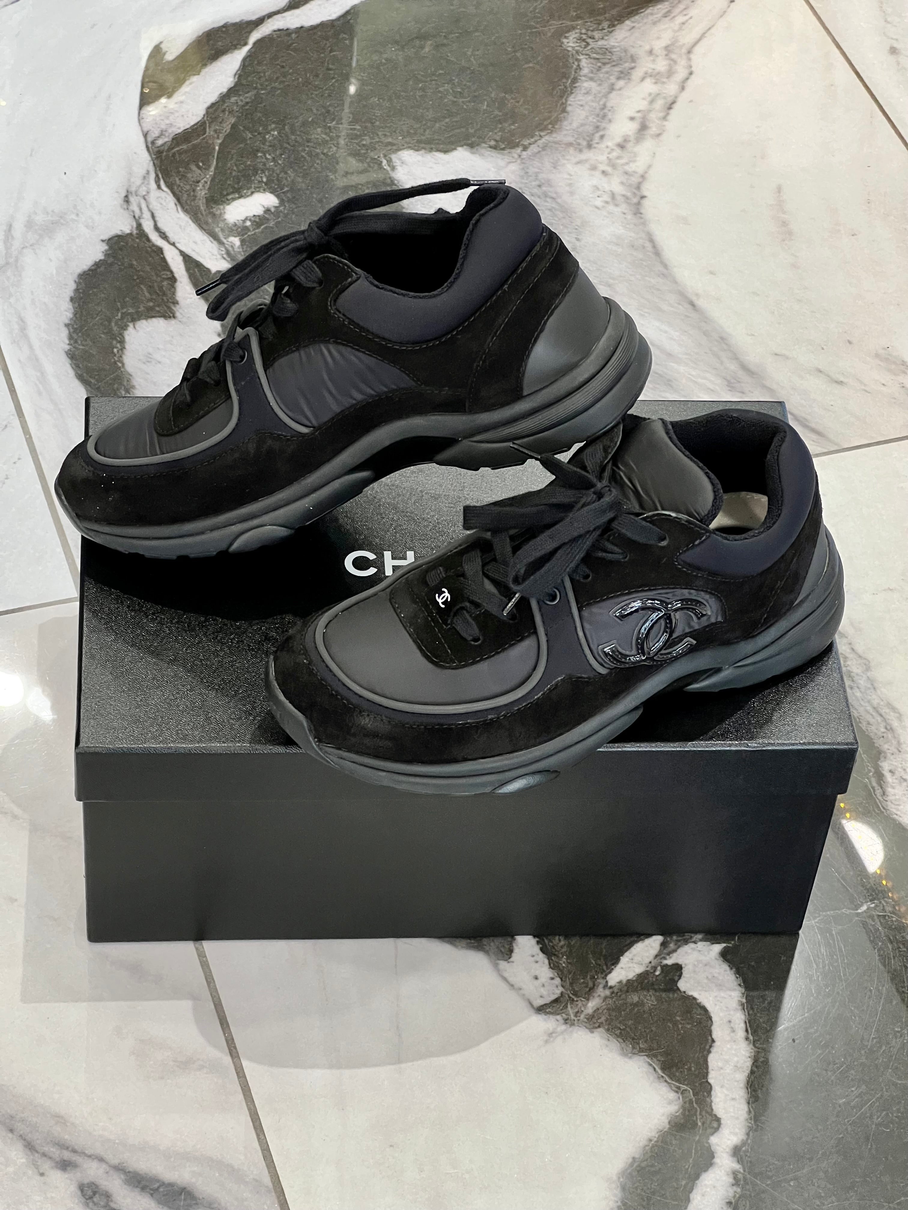 CHANEL Nylon Calfskin Suede CC TRIPLE BLACK TRAINER