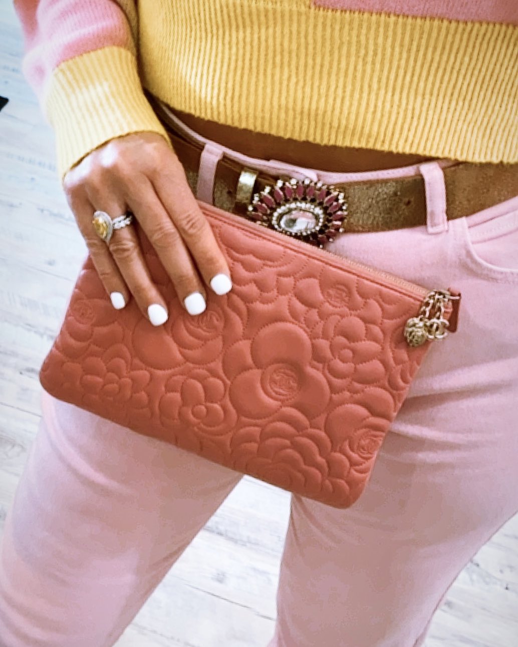 Chanel Pink Metallic Camellia Embossed Leather Mini Pochette Bag