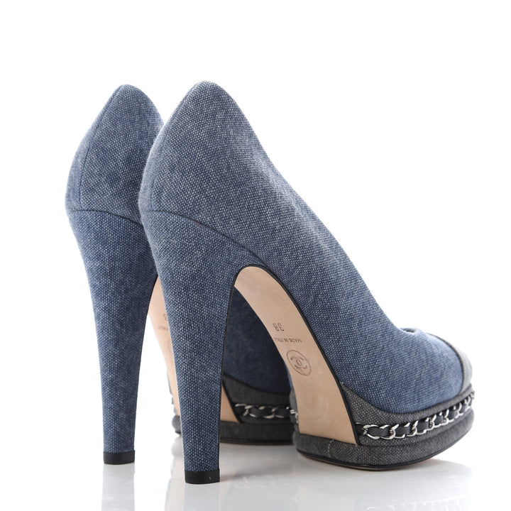 CHANEL Denim Chain Around Cap Toe Platform Pumps