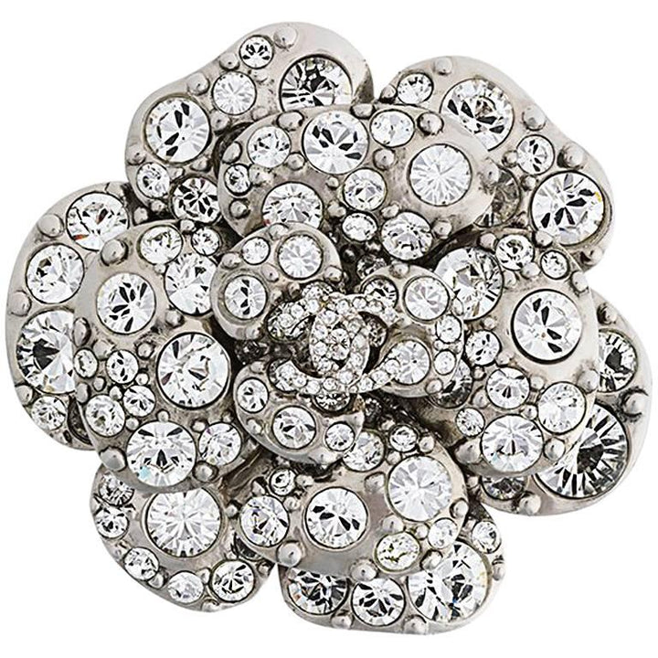 CHANEL Swarovski Crystal Camellia CC Brooch Silver