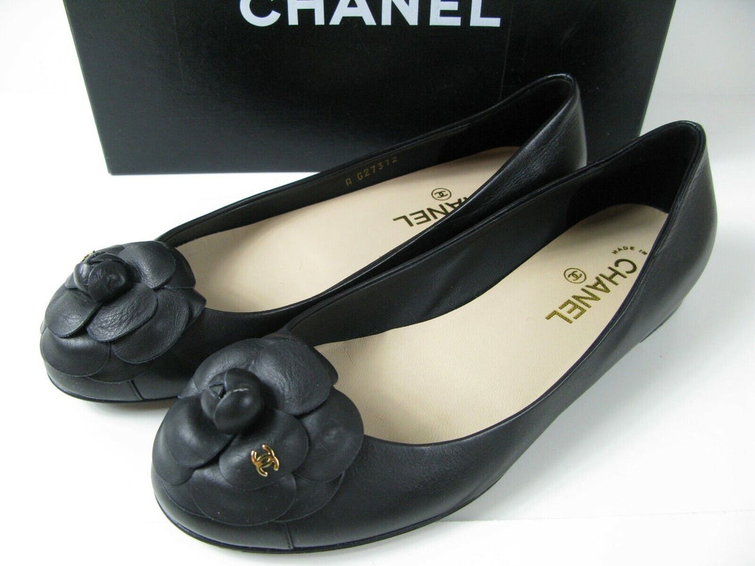 CHANEL LAMBSKIN CC CAMELLIA ELASTIC FLAT BALLERINA SHOES