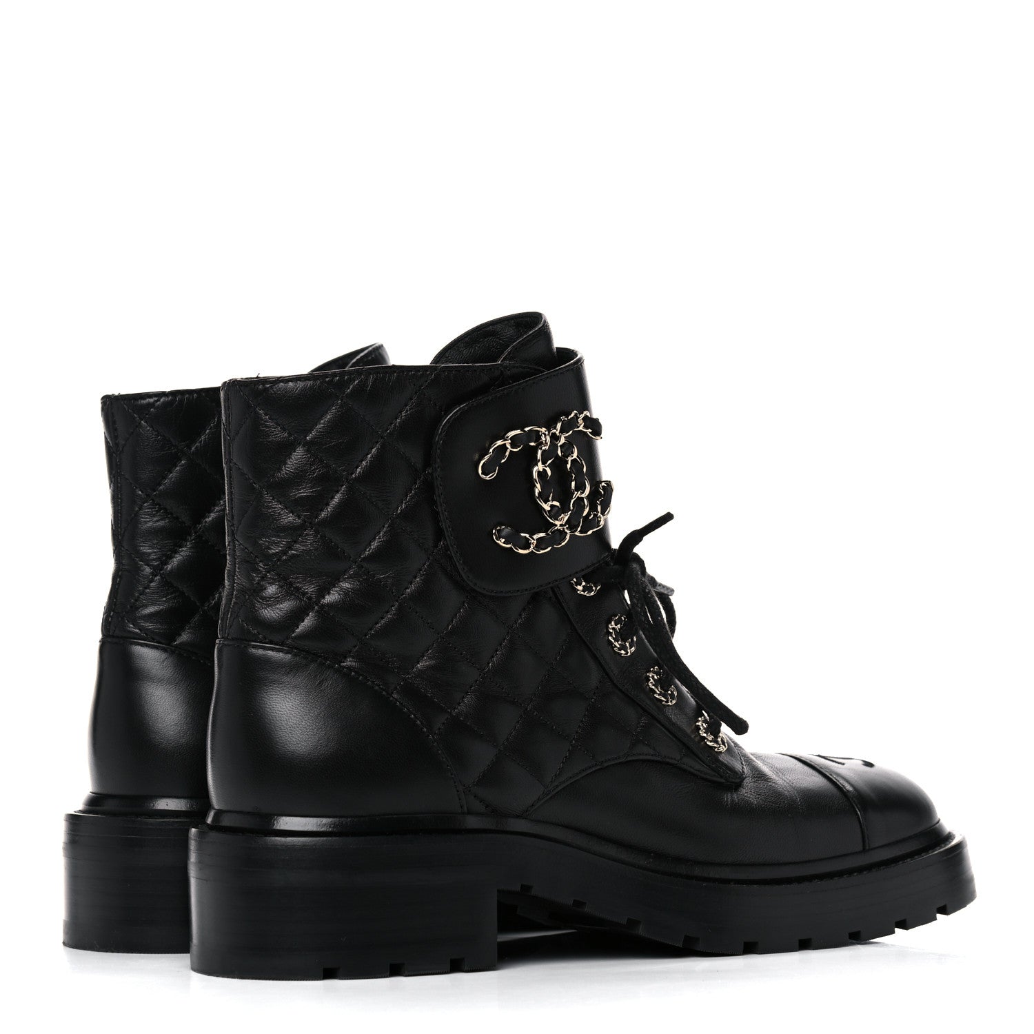Chanel Black White Logo Lace Up Fall Winter Combat ankle Boots EU