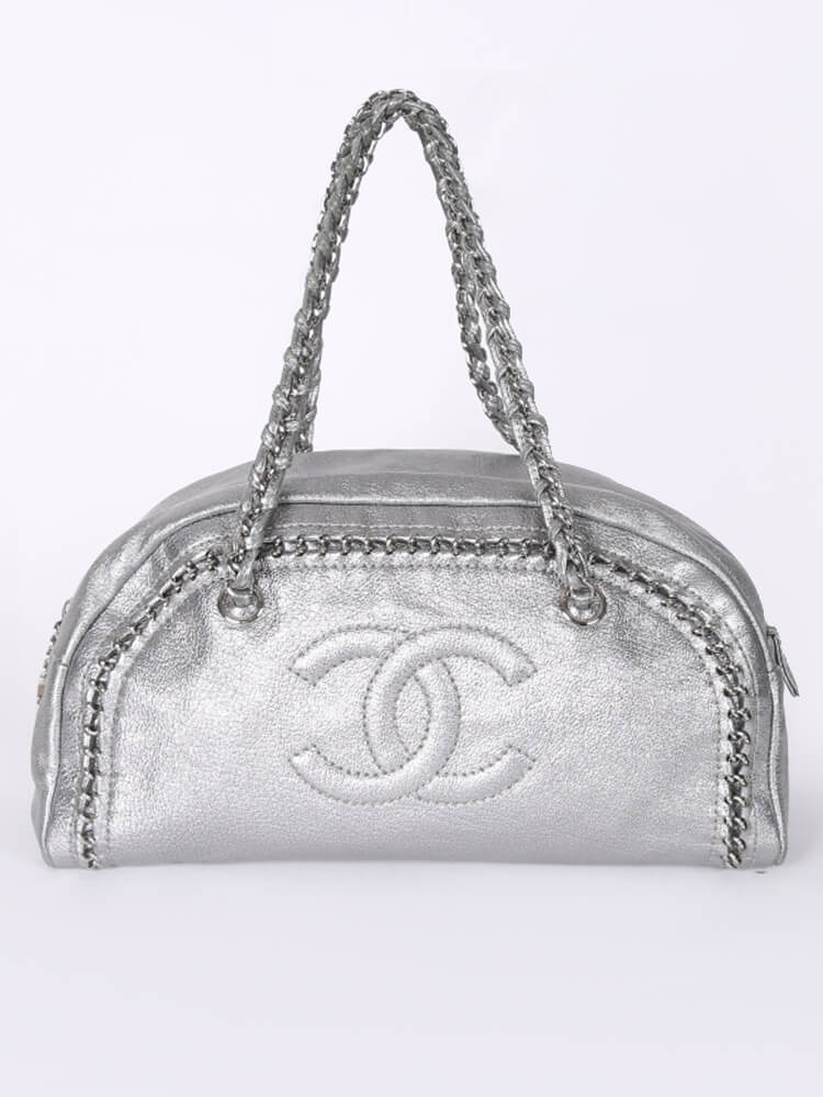 CHANEL LUXE LIGNE METALLIC SILVER LEATHER BOWLER BAG