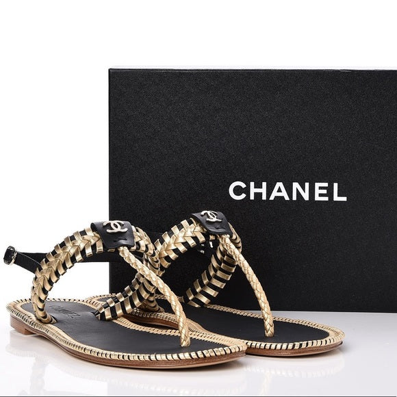CHANEL Metallic Calfskin Braided Thong Sandals