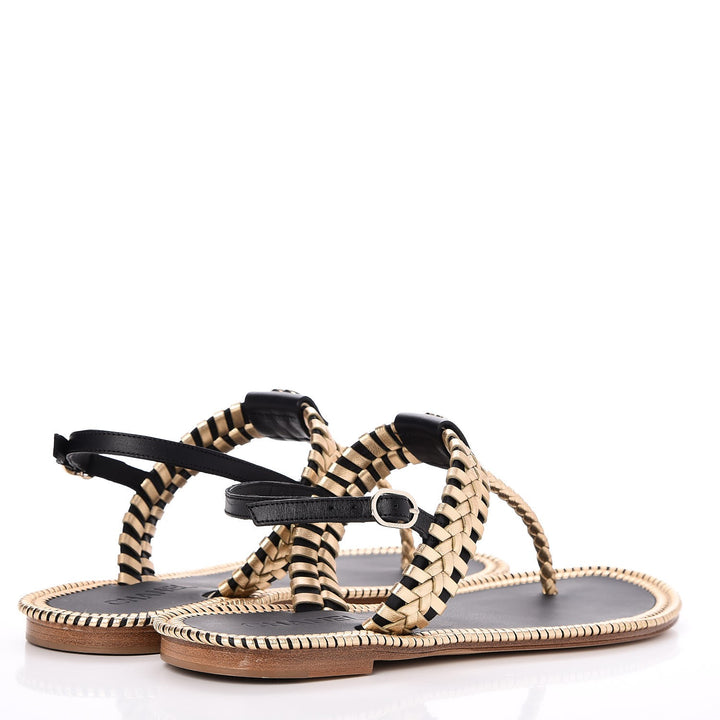 CHANEL Metallic Calfskin Braided Thong Sandals