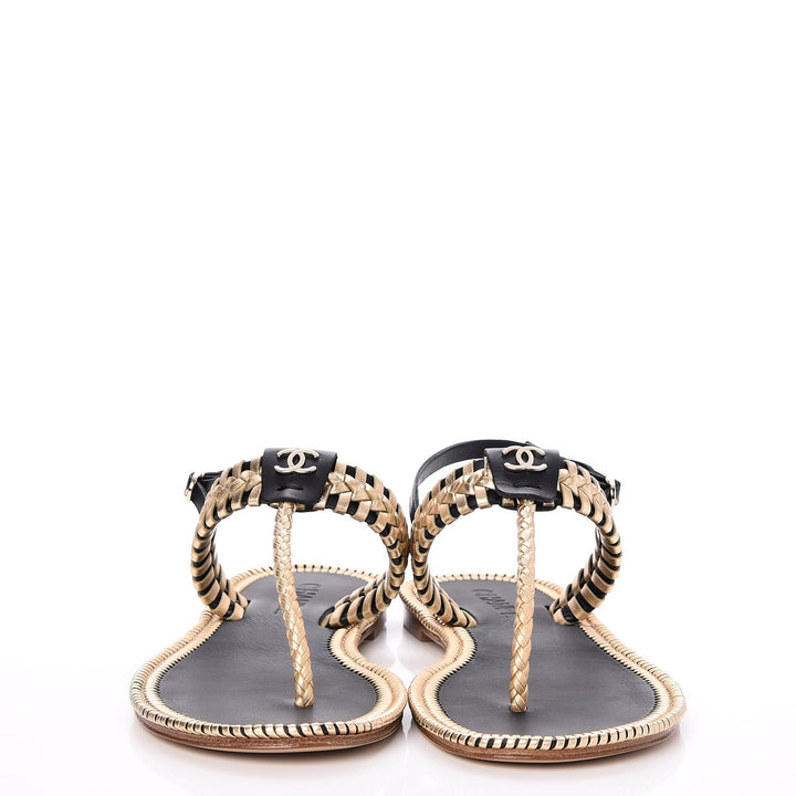 CHANEL Metallic Calfskin Braided Thong Sandals