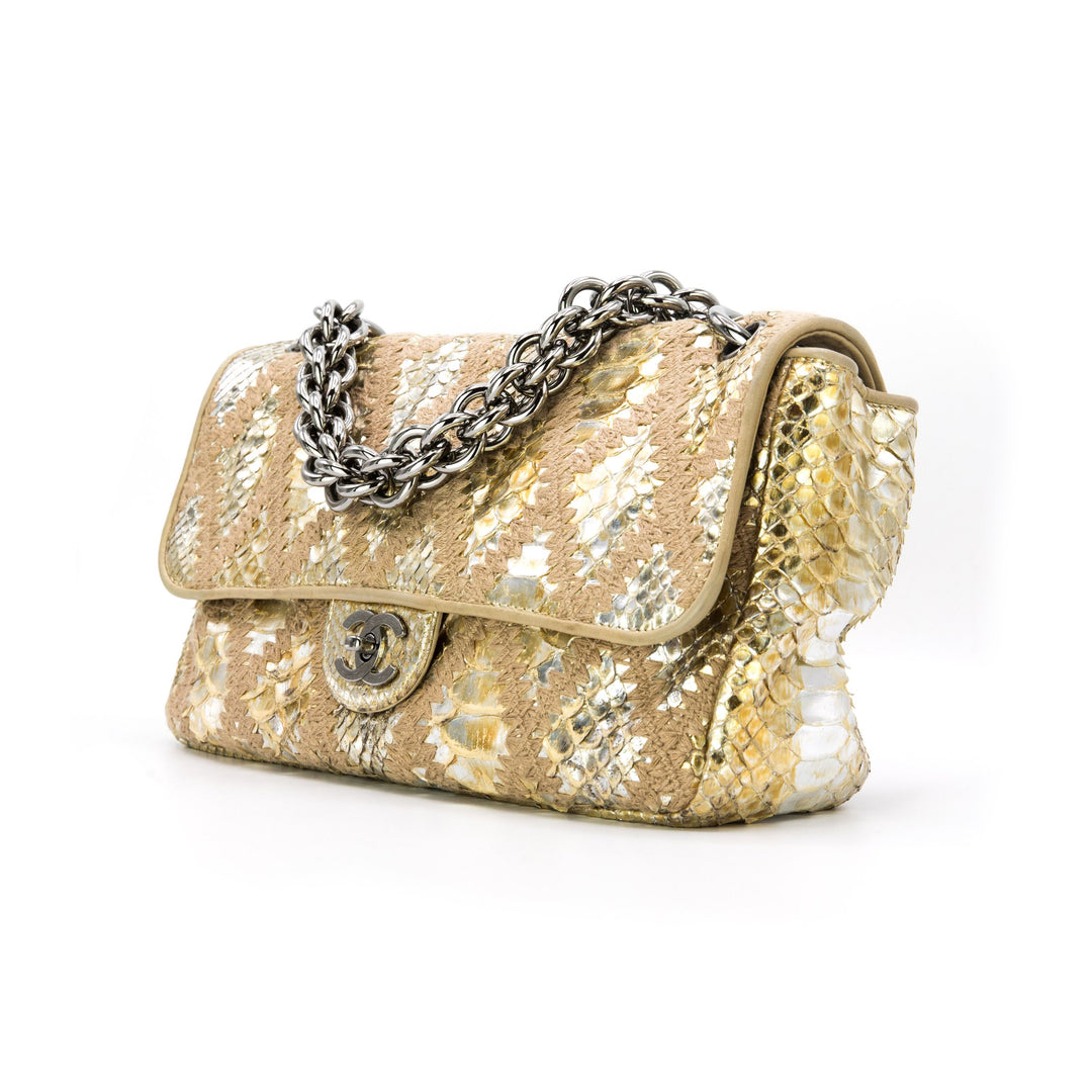 CHANEL METALLIC GOLD PYTHON CROCHET FLAP BAG