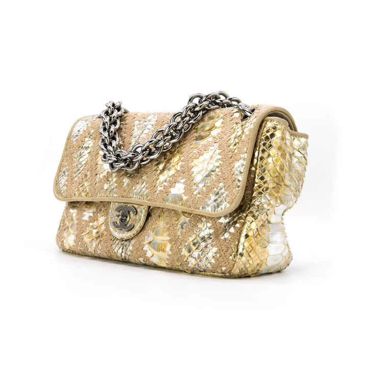 CHANEL METALLIC GOLD PYTHON CROCHET FLAP BAG