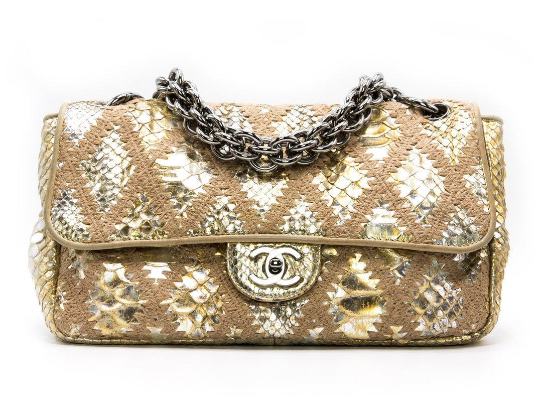 CHANEL METALLIC GOLD PYTHON CROCHET FLAP BAG