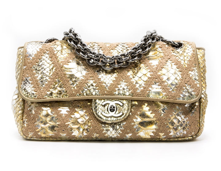 CHANEL METALLIC GOLD PYTHON CROCHET FLAP BAG