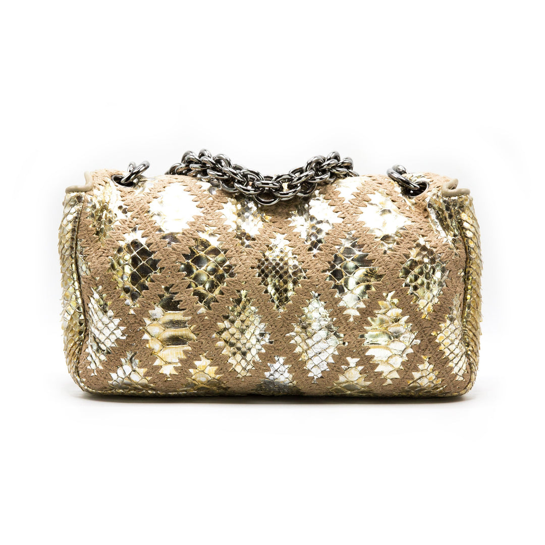 CHANEL METALLIC GOLD PYTHON CROCHET FLAP BAG