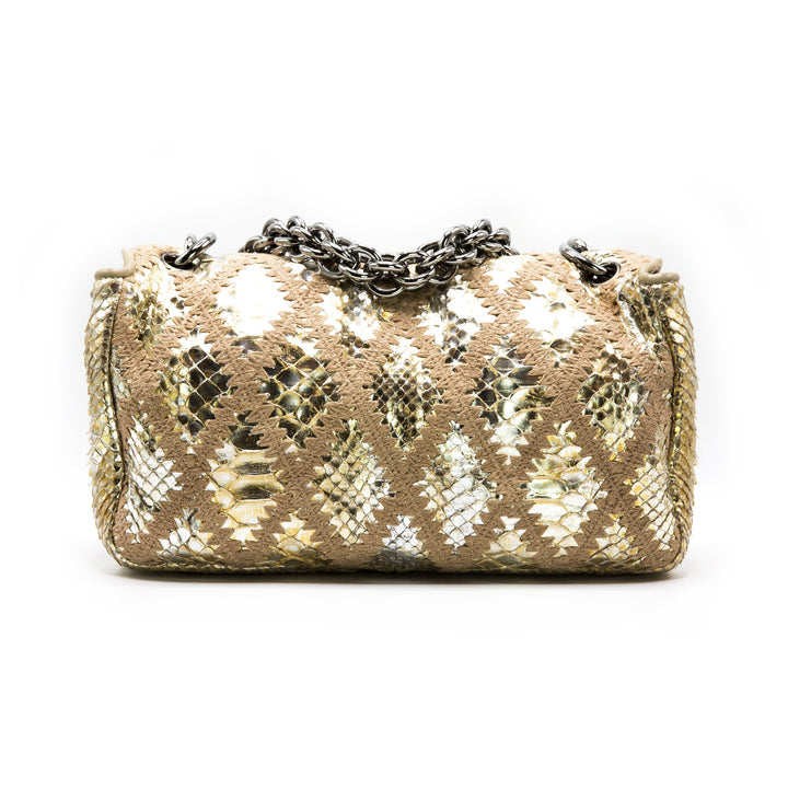 CHANEL METALLIC GOLD PYTHON CROCHET FLAP BAG