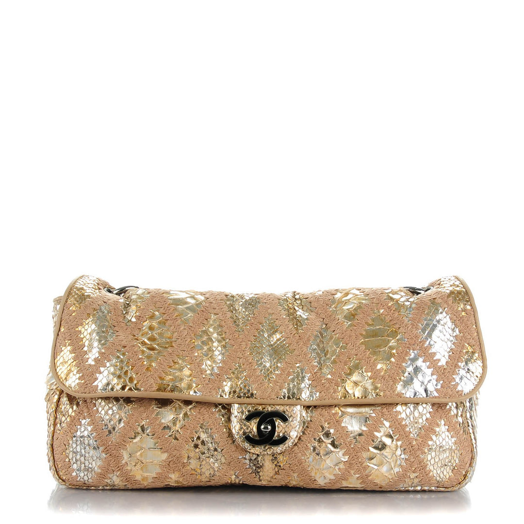 CHANEL METALLIC GOLD PYTHON CROCHET FLAP BAG