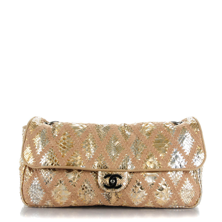 CHANEL METALLIC GOLD PYTHON CROCHET FLAP BAG