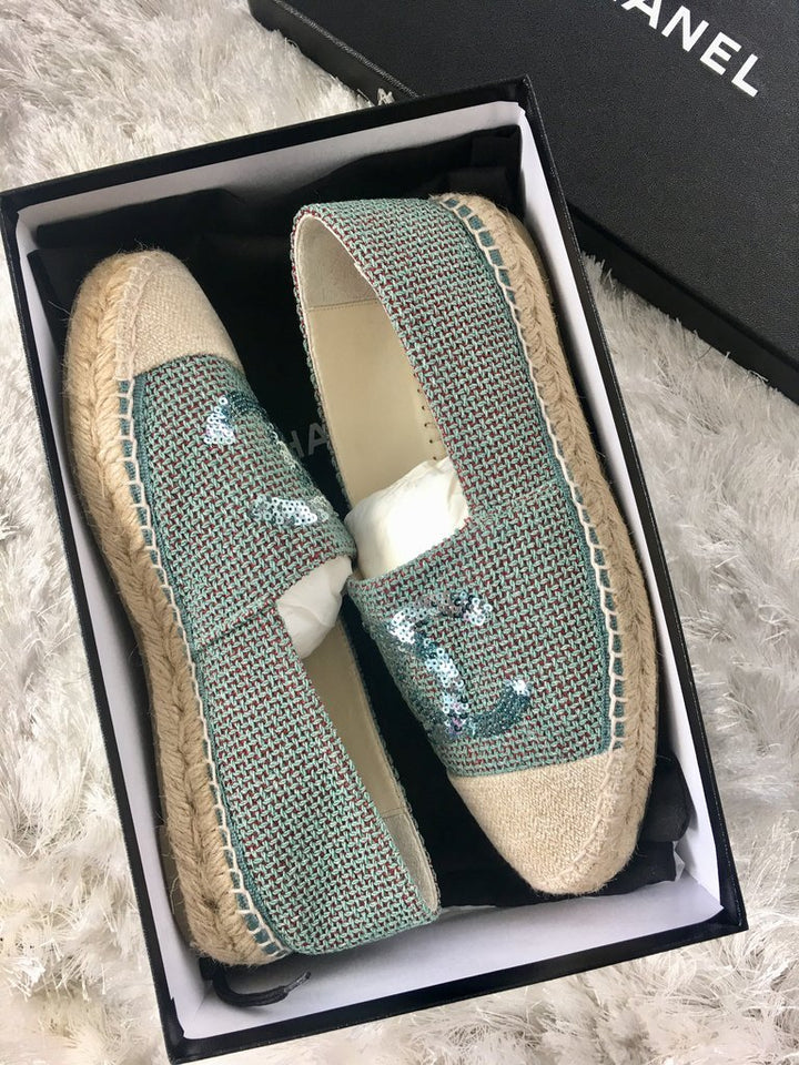 Chanel Green/Beige Canvas Sequin CC Espadrille Flats