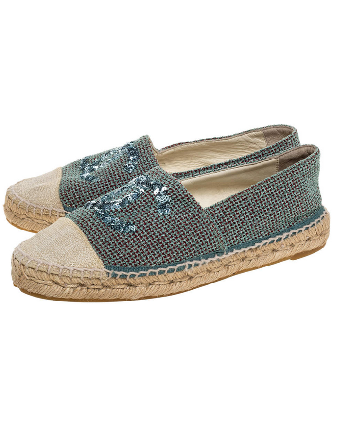 Chanel Green/Beige Canvas Sequin CC Espadrille Flats