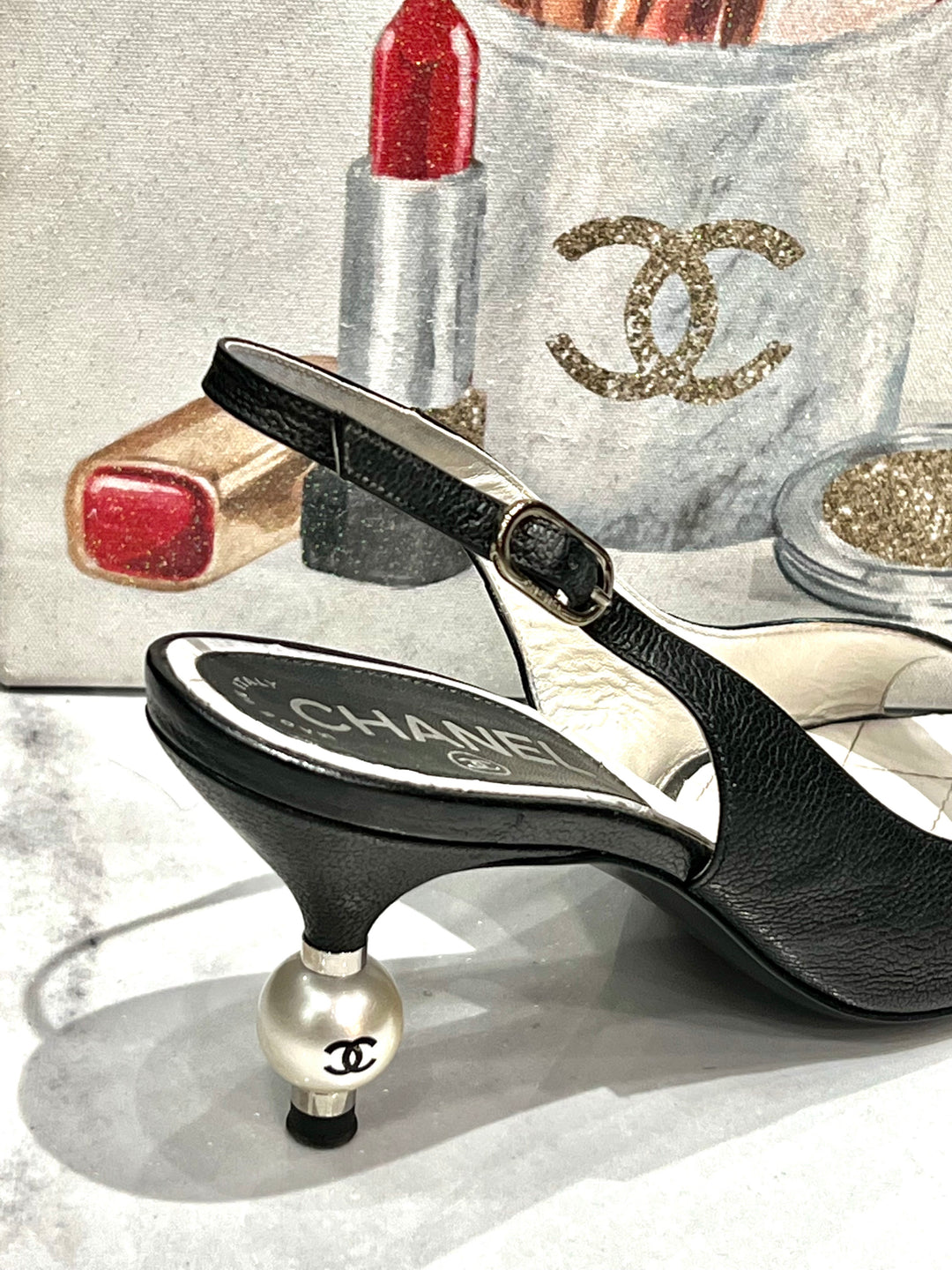 CHANEL CC SLINGBACK SANDAL WITH CC PEARL HEEL