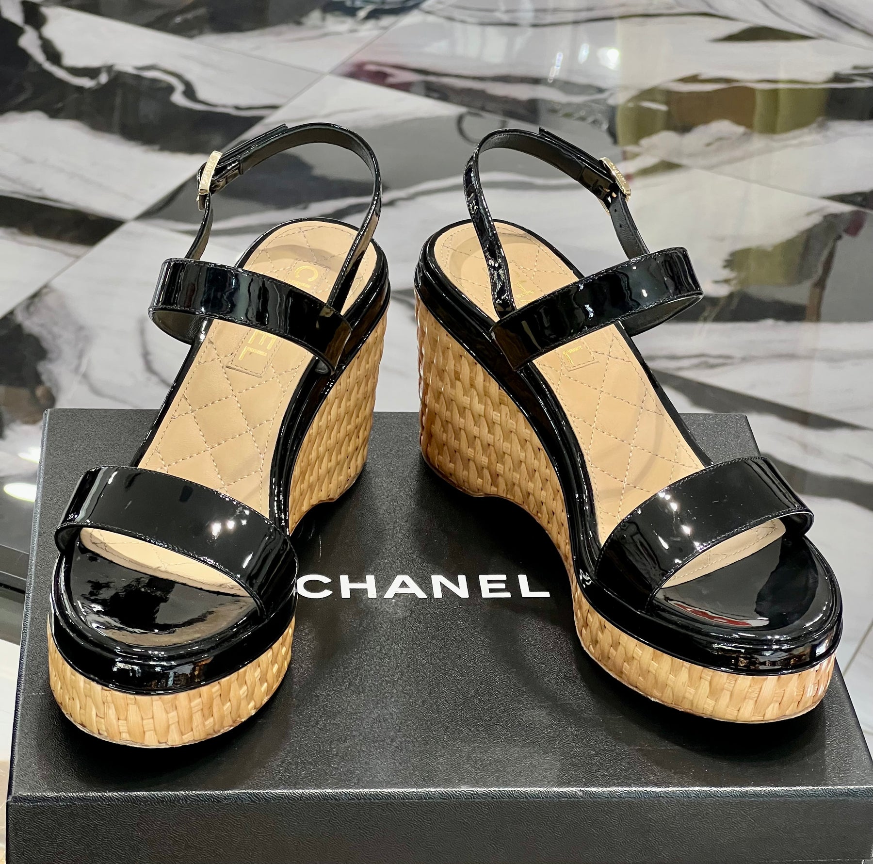 CHANEL CC Raffia Platform Wedge Heel Sandals