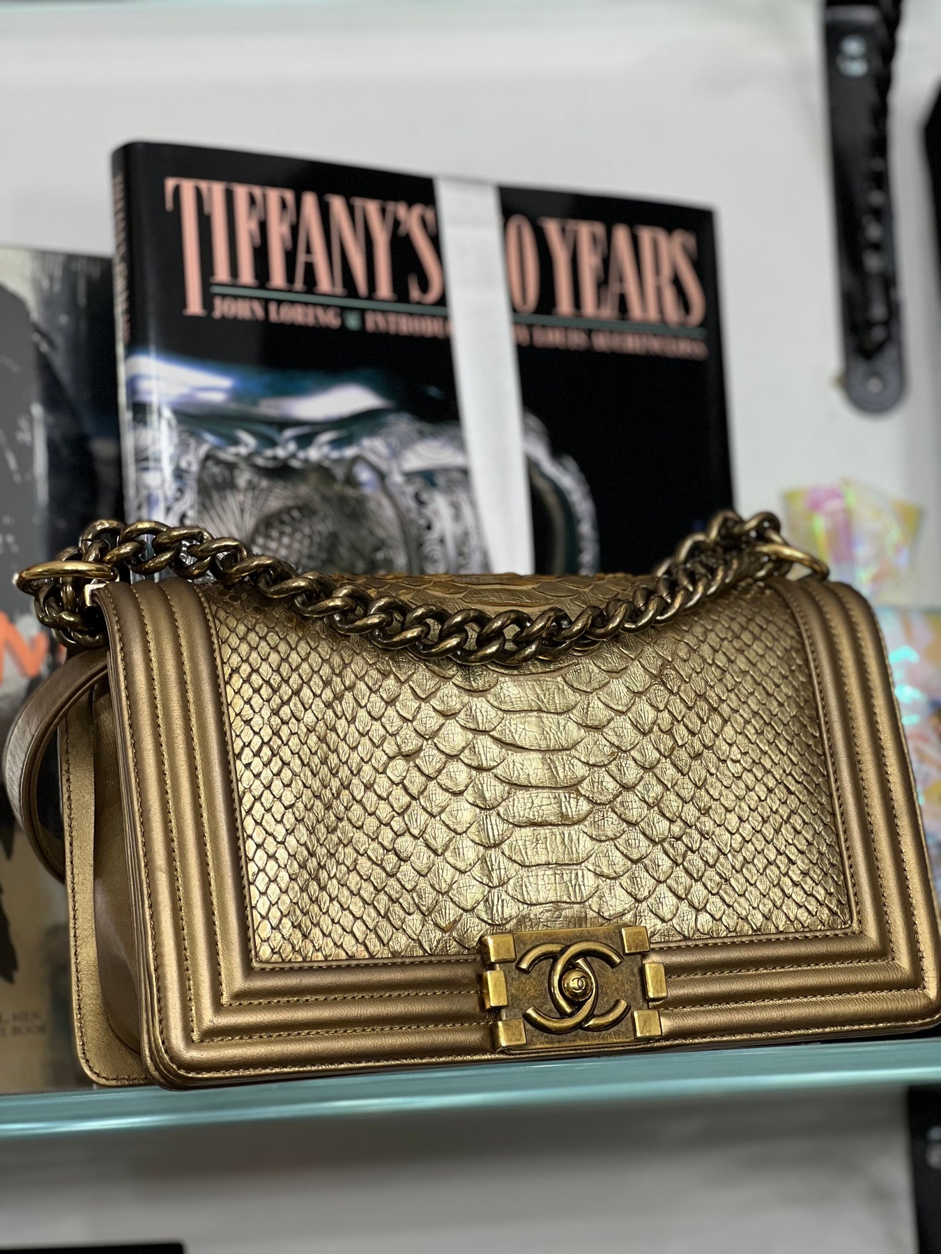 Python Metallic Leather CHANEL METALLIC GOLD PYTHON LEATHER MEDIUM BOY FLAP BAG – Caroline's ...