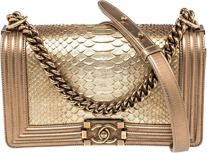 CHANEL METALLIC GOLD PYTHON LEATHER MEDIUM BOY FLAP BAG – Caroline's ...