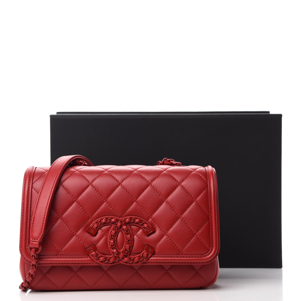 Chanel CC Filigree Small Flap Caviar Leather Crossbody Bag Red