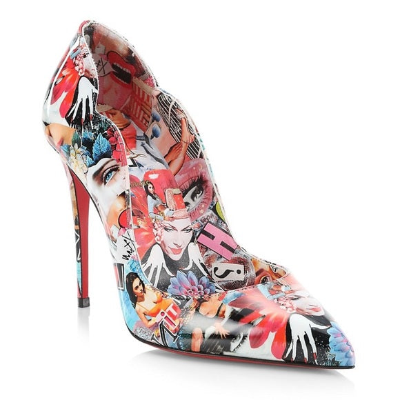 CHRISTIAN LOUBOUTIN HOT CHICK COLLAGE PRINT PATENT LEATHER PUMPS