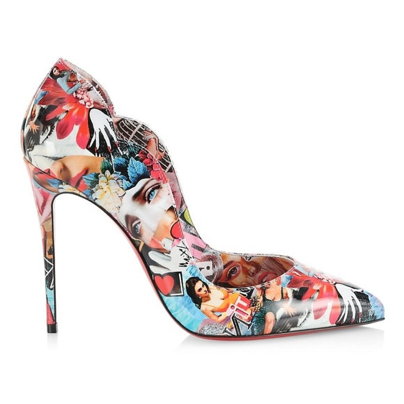 CHRISTIAN LOUBOUTIN HOT CHICK COLLAGE PRINT PATENT LEATHER PUMPS