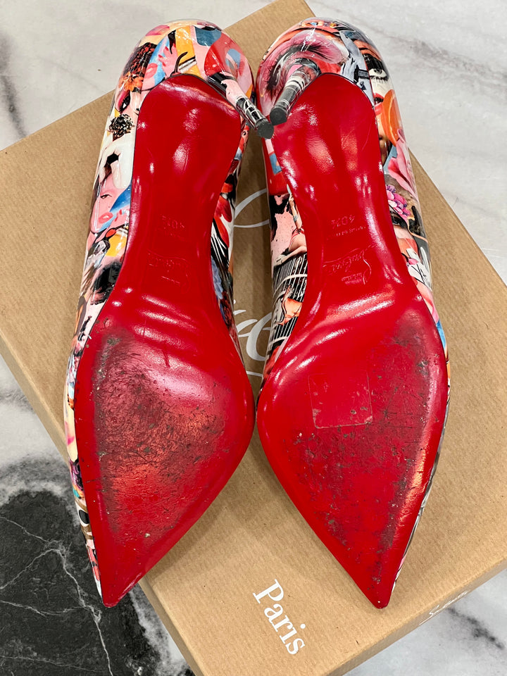 CHRISTIAN LOUBOUTIN HOT CHICK COLLAGE PRINT PATENT LEATHER PUMPS