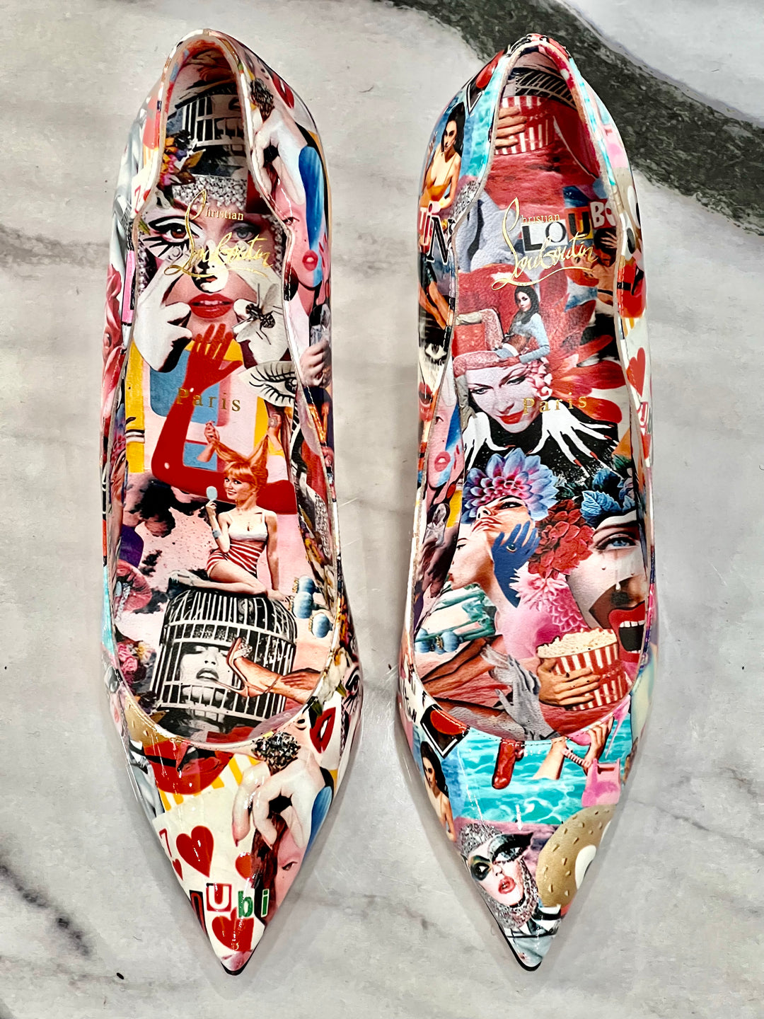 CHRISTIAN LOUBOUTIN HOT CHICK COLLAGE PRINT PATENT LEATHER PUMPS