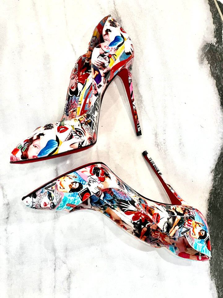 CHRISTIAN LOUBOUTIN HOT CHICK COLLAGE PRINT PATENT LEATHER PUMPS