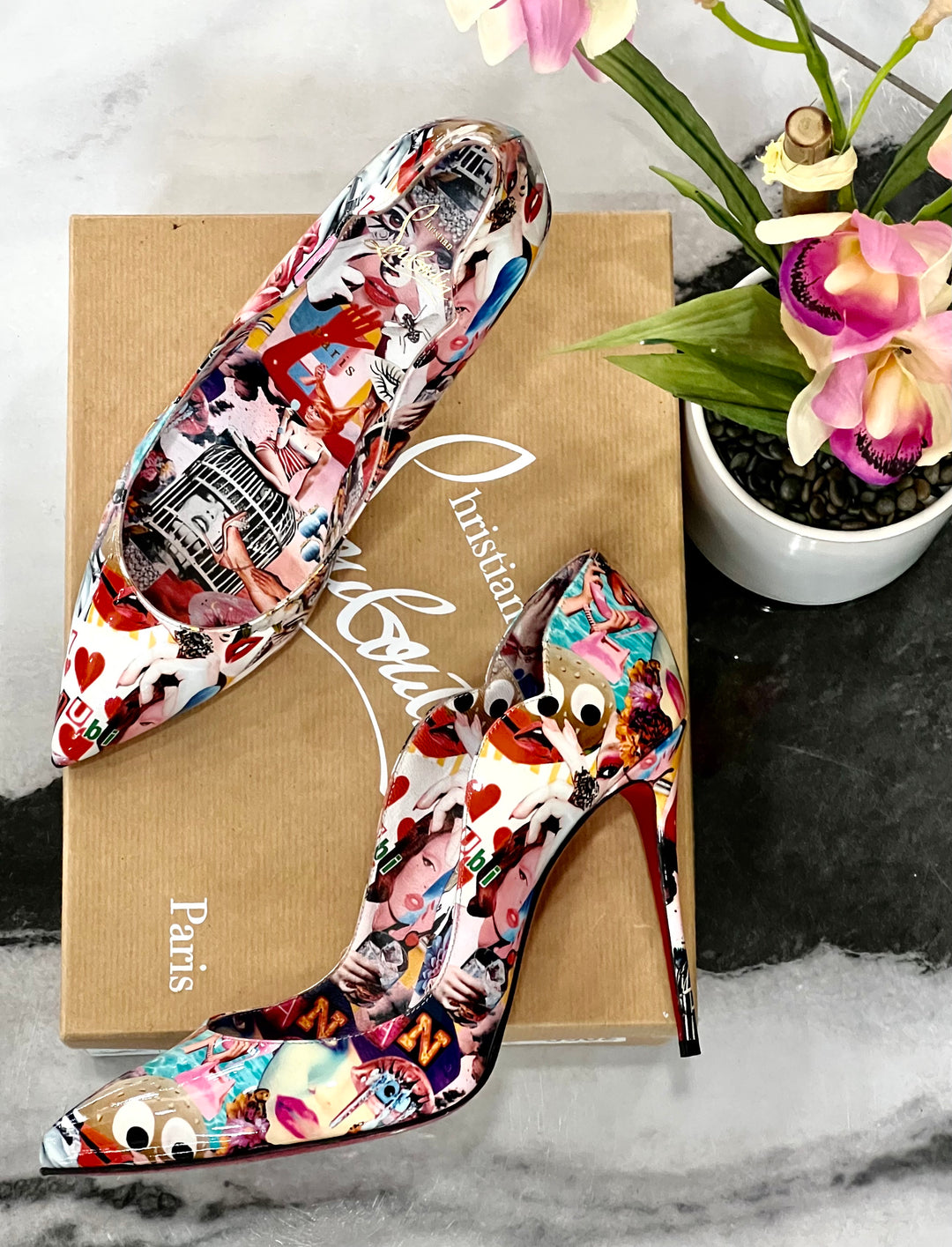 CHRISTIAN LOUBOUTIN HOT CHICK COLLAGE PRINT PATENT LEATHER PUMPS