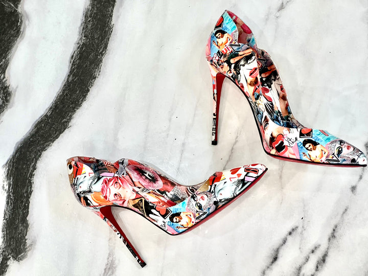 CHRISTIAN LOUBOUTIN HOT CHICK COLLAGE PRINT PATENT LEATHER PUMPS