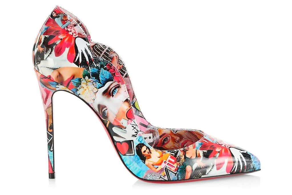 CHRISTIAN LOUBOUTIN HOT CHICK COLLAGE PRINT PATENT LEATHER PUMPS
