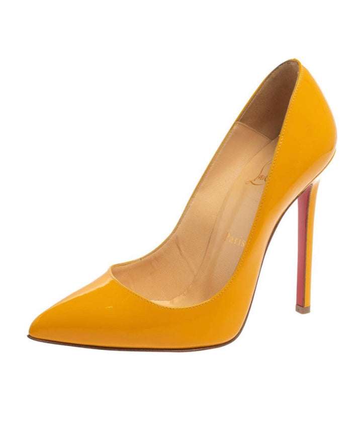 CHRISTIAN LOUBOUTIN ORANGE PATENT LEATHER PUMPS