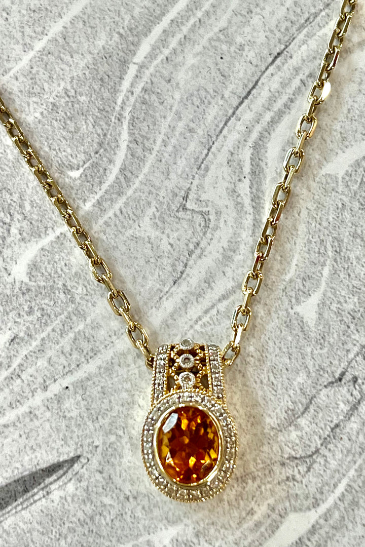 SUNNY MADEIRA CITRINE &amp; DIAMONDS PENDANT NECKLACE 14K GOLD