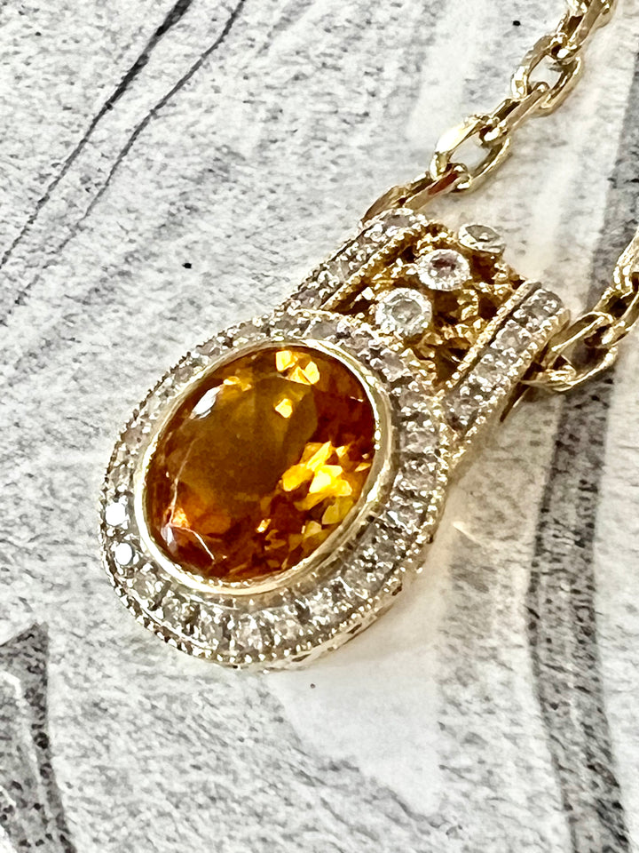 SUNNY MADEIRA CITRINE &amp; DIAMONDS PENDANT NECKLACE 14K GOLD
