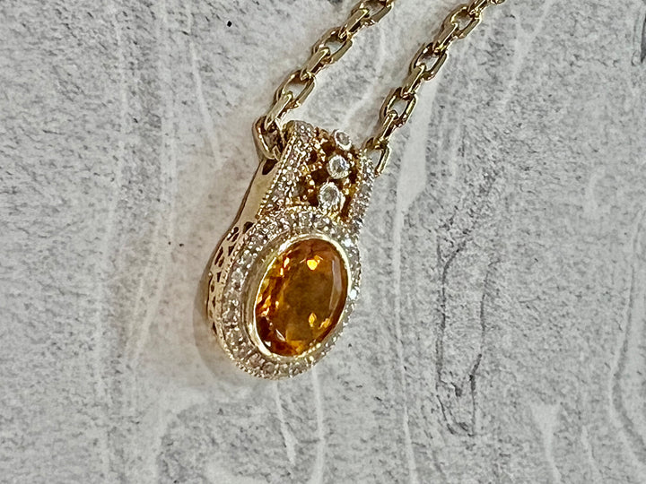 SUNNY MADEIRA CITRINE &amp; DIAMONDS PENDANT NECKLACE 14K GOLD