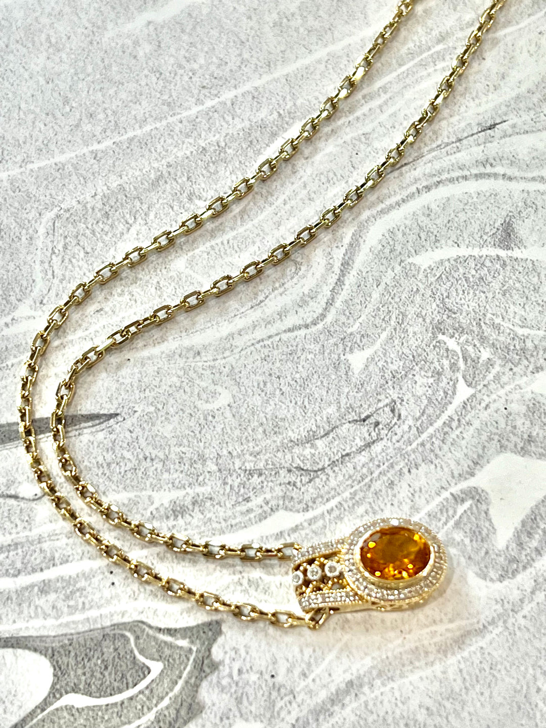 SUNNY MADEIRA CITRINE &amp; DIAMONDS PENDANT NECKLACE 14K GOLD