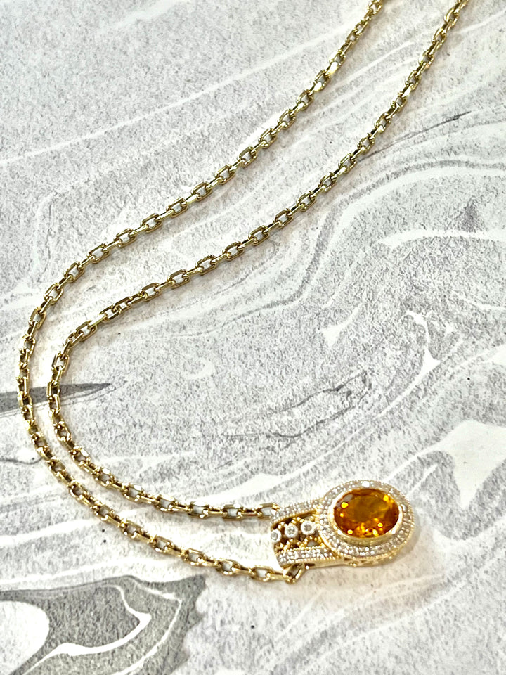 SUNNY MADEIRA CITRINE &amp; DIAMONDS PENDANT NECKLACE 14K GOLD