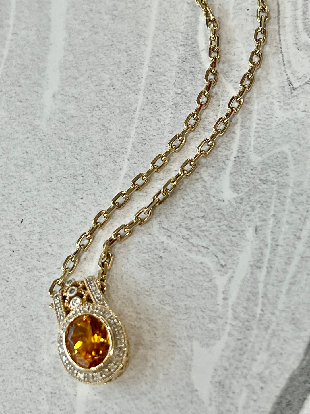 SUNNY MADEIRA CITRINE &amp; DIAMONDS PENDANT NECKLACE 14K GOLD