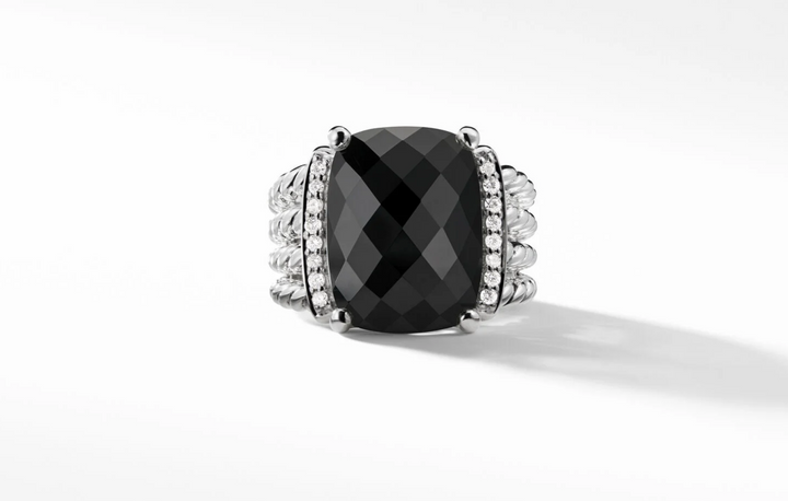 DAVID YURMAN WHEATON SILVER BLACK ONYX &amp; PAVE DIAMONDS RING