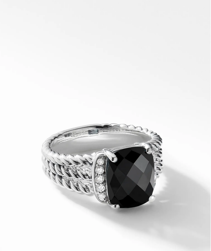 DAVID YURMAN WHEATON SILVER BLACK ONYX &amp; PAVE DIAMONDS RING