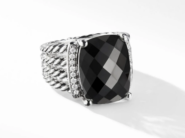 DAVID YURMAN WHEATON SILVER BLACK ONYX &amp; PAVE DIAMONDS RING