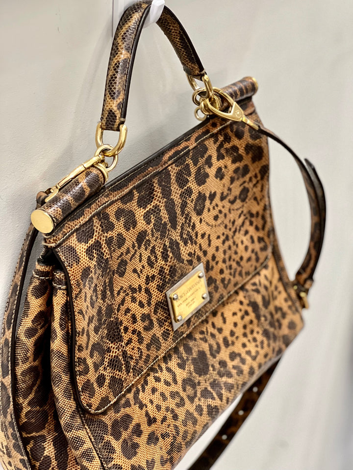 DOLCE &amp; GABBANA CALFSKIN EMBOSSED LEOPARD PRINT MISS SICILY SHOPPER TOTE BAG