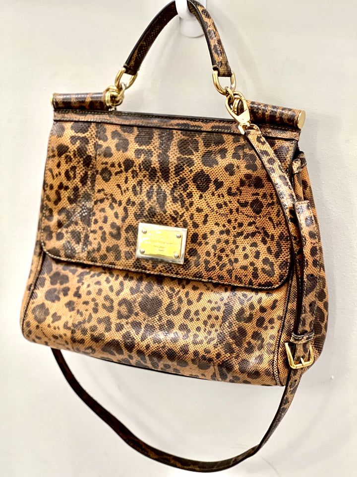 DOLCE &amp; GABBANA CALFSKIN EMBOSSED LEOPARD PRINT MISS SICILY SHOPPER TOTE BAG