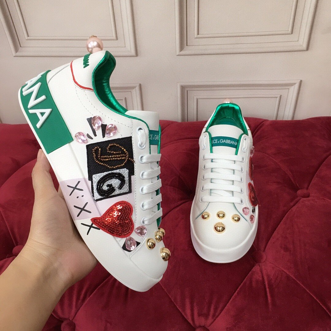 DOLCE &amp; GABBANA CALFSKIN NAPPA PORTOFINO PATCH EMBROIDERY SNEAKERS