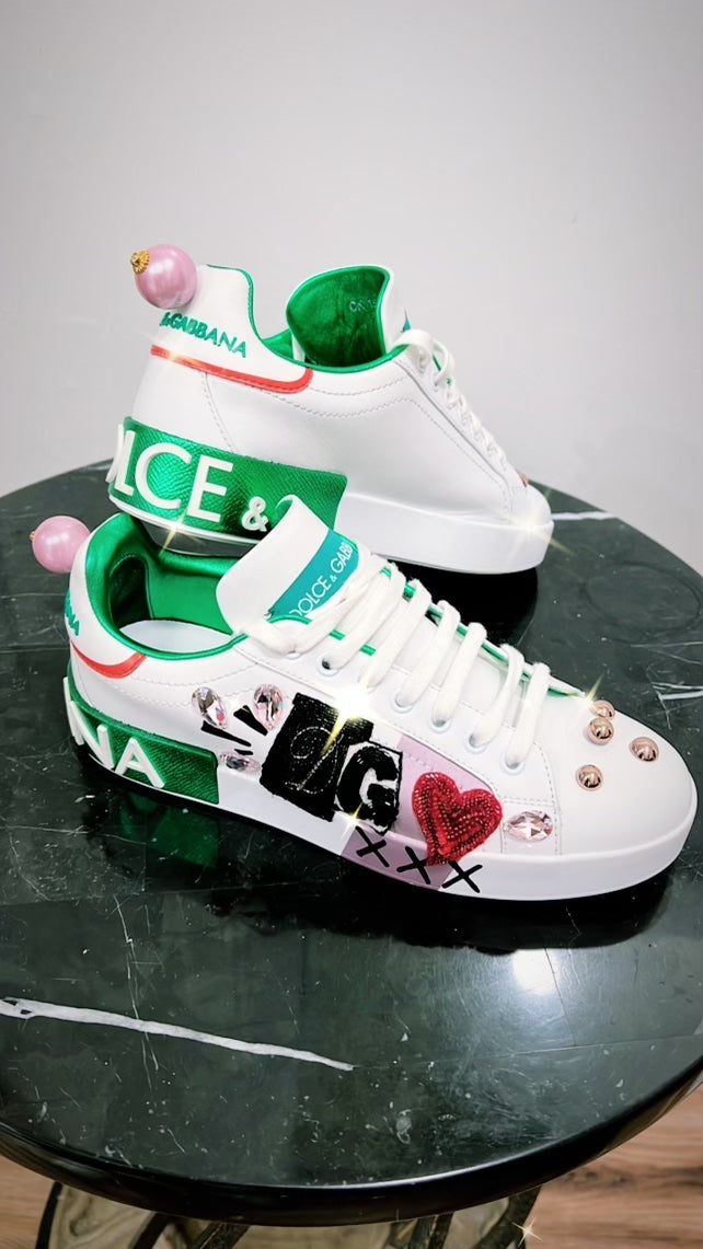DOLCE &amp; GABBANA CALFSKIN NAPPA PORTOFINO PATCH EMBROIDERY SNEAKERS