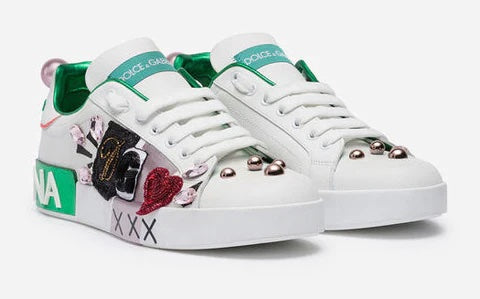 DOLCE &amp; GABBANA CALFSKIN NAPPA PORTOFINO PATCH EMBROIDERY SNEAKERS